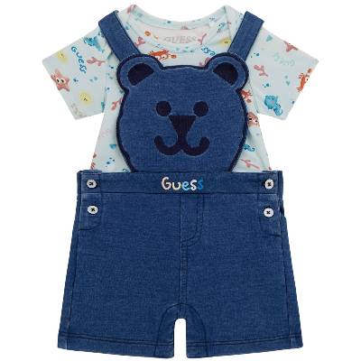 Комплект от 2 части Guess - Гащеризон с мече и тениска, син, 3-6 м (20252-H5GW12-K6YW1-P8EN-3-6)