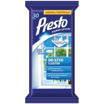 Presto vlhčené čistiace obrúsky 30 ks na okná a sklo