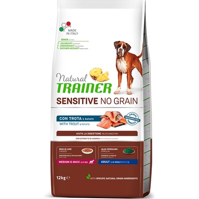 Natural Trainer Natural Sensitive 12кг Sensitive No Grain Medium/Maxi Adult Natural Trainer, суха храна за кучета - с пъстърва и картофи