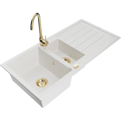 Mexen Andres гранитна мивка с 1, 5 камери с отцедник и кухненски смесител Telma, бяла - 6515-20-670200-50 (6515-20-670200-50)