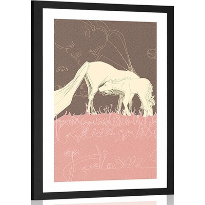 Plakát s paspartou kůň na růžové louce - 20x30 black