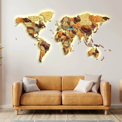 Plnofarebná LED podsvietená drevená mapa sveta Angličtina L - 120 cm Olive