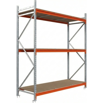 Majster Regál REGÁL LONGSPAN, Kovový regál s drevotrieskou 200x150x80cm, 3 police, 1000kg na policu, modrá a oranžová farba