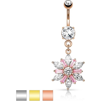Šperky eshop piercing do pupíku z chirurgické oceli třpytivý květ čiré a růžové zirkony různé barvy R09.03 měděná