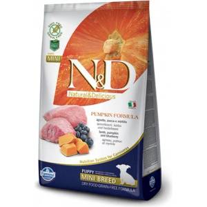 Farmina N&d grain free pumpkin lamb & blueberry - puppy mini - пълноценна храна с тиква, БЕЗ ЗЪРНО, за подрастващи кучета от дребните породи с агне и боровинки, бременни или кърмещи кучета 7 кг pnd070200s