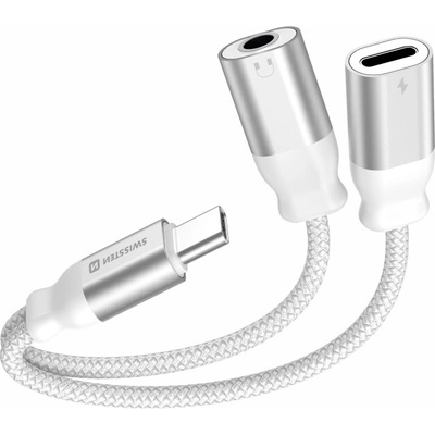 Adaptér Swissten USB-C na USB-C a 3,5 mm aux 0,12 m biely