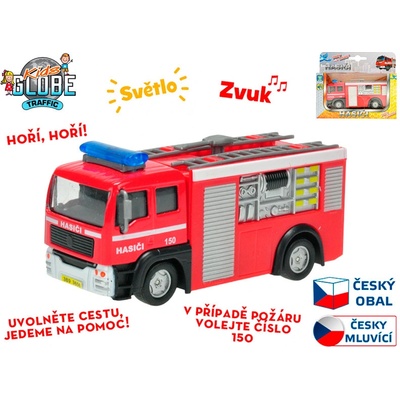 Kids Globe Traffic hasiči CZ 12cm kov na zpětný chod na baterie česky mluvící se světlem v krabičce