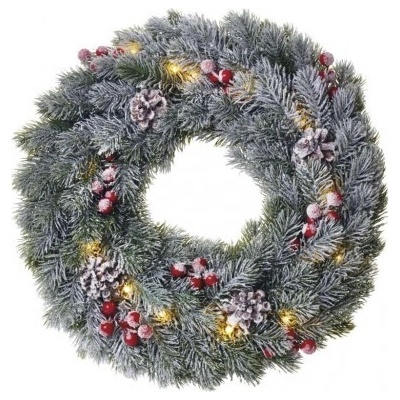 EMOS LED vianočný veniec zasnežený, 38 cm, 2x AA, vnútorná, teplá biela, časovač