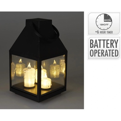 Lampáš svietnik s LED sviečkami 13,5x13,5x25 cm s časovačom plast čierny