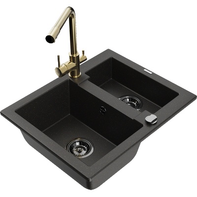Mexen Carlos гранитна мивка с 1, 5 камери с кухненски смесител Duero, черен/златен металик - 6518-75-671600-50-B (6518-75-671600-50-B)