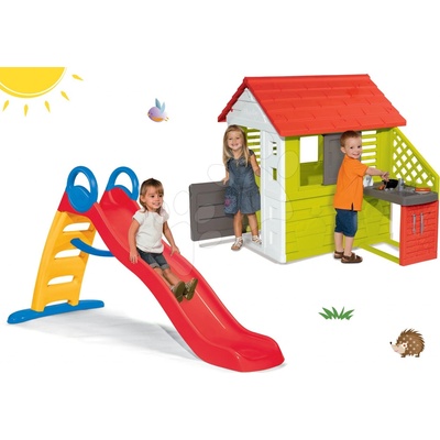 Smoby Set domček Pretty Nature s letnou kuchynkou a okenicou + šmykľavka Funny toboggan 2 m SM810702-28
