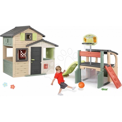 Smoby Set domeček Přátel s plnými dveřmi a hrací centrum Friends Evo Life Playhouse s basketbalem a skluzavkou rozšiřitelný