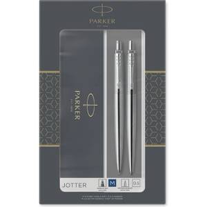 Parker Комплект химикалка и механичен молив, подаръчна кутия, корпус от неръждаема стомана, PARKER "Royal Jotter", син 2093256 (2093256)