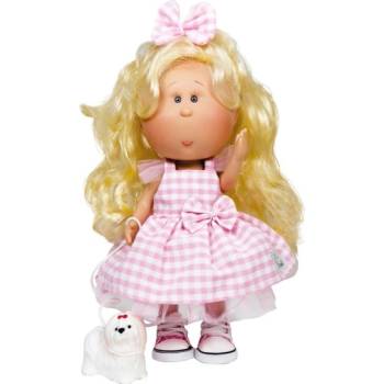 Ръчно изработена кукла от Испания - Мия с руса коса, розова панделка и кученце (ndo-3405)
