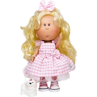 Ръчно изработена кукла от Испания - Мия с руса коса, розова панделка и кученце (ndo-3405)