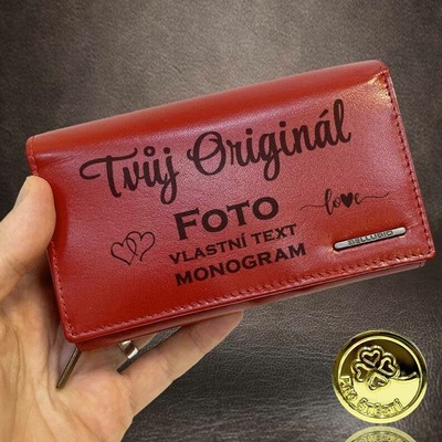 Dámská červená kožená peněženka BELLUGIO s vlastním textem a monogramem monogram a text