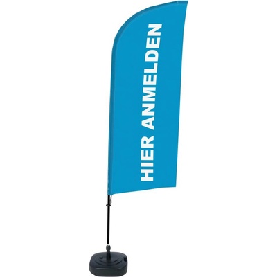 Jansen Display Kompletní sada reklamní vlajky ve tvaru křídla, Přihlášení, modrá, německy ECO, 1105 x 3300 mm