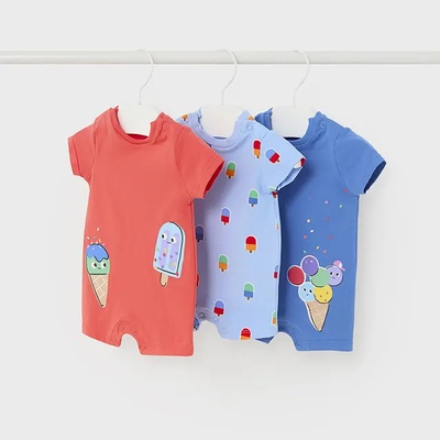 Mayoral Три къси гащеризона в синьо и керемидено със сладоледи за новородено момче Mayoral