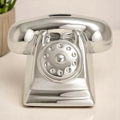Keramická pokladnička v tvare retro telefónu – strieborná: 18 x 13 x 13 cm