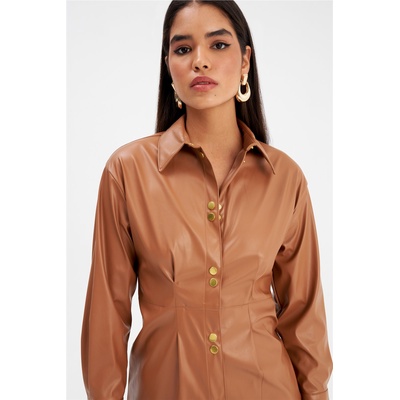 Base Дамска дълга кожена риза - Кафява #361271 (361271_Кафяво)