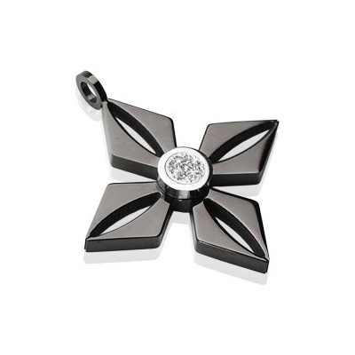 Šperky eshop Přívěsek z černé chirurgické oceli květ s blýskavým čirým zirkonem AA06.24
