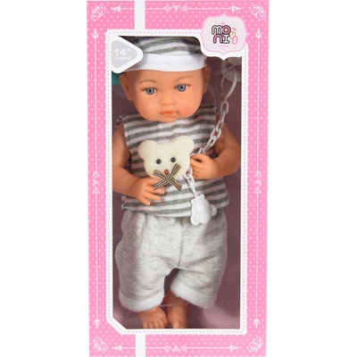 Moni Кукла Moni Toys - Със сиви дрешки, биберон и шише, 36 cm (111918)
