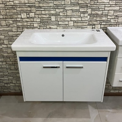 Ramois ПВЦ долен шкаф за баня с мивка Скай Блу 80 см, окачен, бял със синя бленда