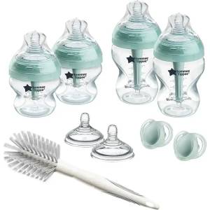 Tommee Tippee Комплект от 4 броя самостерилизиращи се бебешки шишета за хранене Tommee Tippee Advanced Anti-Colic+, 2 бр. биберони, 2 бр. залъгалки и четка за почистване на шишета