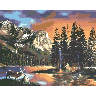 ZUTY Malování podle čísel CHATA JEZERO JELEN A HORY D RUSTY RUST Rozměr 80 x 100 cm Rámování vypnuté plátno na rám