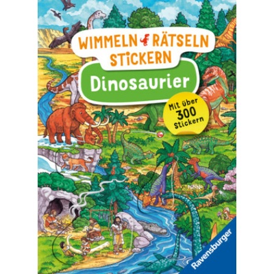 Ravensburger Wimmeln, Rätseln, Stickern: Dinosaurier - Stickerbuch ab 4 Jahren, 13 Wimmelbilder, über 300 Sticker, Dinosaurier