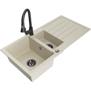 Mexen Andres гранитна мивка 1, 5-камерна с отцедник и кухненски смесител Elia, бежов - 6515-69-670101-70 (6515-69-670101-70)