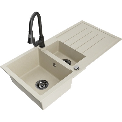 Mexen Andres гранитна мивка 1, 5-камерна с отцедник и кухненски смесител Elia, бежов - 6515-69-670101-70 (6515-69-670101-70)