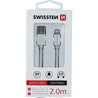 Swissten 71523303 USB 2.0, zástrčka A - zástrčka Lightning, opletený, 2m, stříbrný