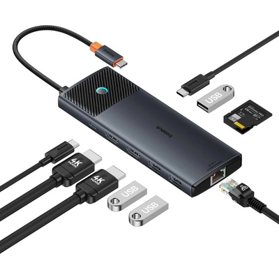 Baseus Baseus Metal Gleam Series Хъб, 10в1, USB-C към USB-C, PD, USB-C, 3x USB-A, 2x HDMI, RJ-45, SD, TF, черен