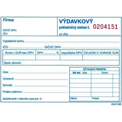 Igaz 311 Výdavkový pokladničný doklad samoprepis-čísl.