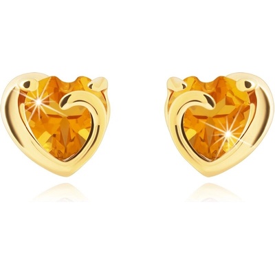Šperky Eshop Zlaté náušnice 14K s citrínovým srdcem a hladkou obrubou GG90.03