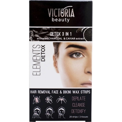 VICTORIA BEAUTY Elements Detox - Ленти за депилация лице и бикини 3 в 1 с активен въглен и екстракт от хайвер, 20 бр