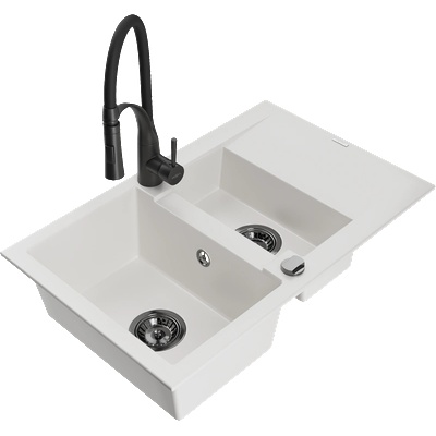 Mexen Gaspar гранитна мивка с 1, 5 камери с дренаж и кухненски смесител Aster, бяла - 6507-20-73450-70-B (6507-20-73450-70-B)