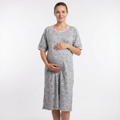 Макси нощница за кърмачки в сиво с котета и розов кариран кант