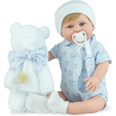 Marina & Pau Realistický chlapeček Mája v modrém overalu Sugar Teddy Blue 42 cm