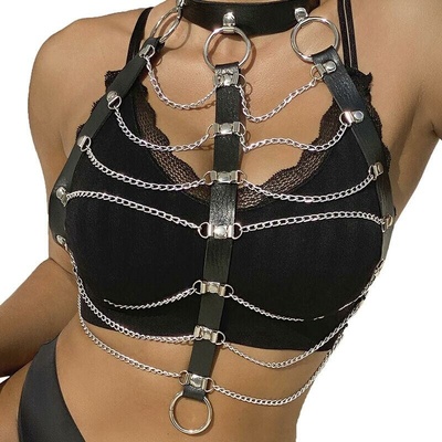 Subblime Fetish Chest Harness Leather Chains Black