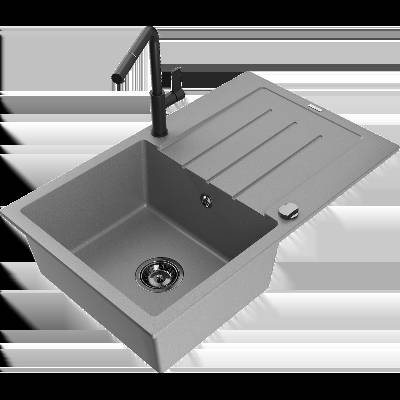 Bruno гранитна мивка с една камера с отцедник и кухненски смесител Flora, сив - 6513-71-670401-70-B (6513-71-670401-70-B)