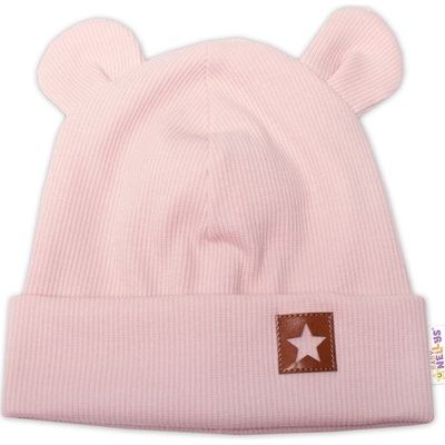 Baby Nellys Rebrovaná dvojvrstvová čiapka s uškami Teddy púdrová