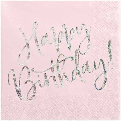 PartyDeco ubrousky 3V Happy birthday pudrově růžové 20ks 33x33cm