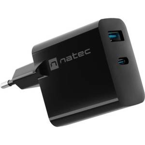 NATEC Адаптер за зареждане Natec Ribera GaN 45W USB-A + USB-C, черен (NUC-2143)