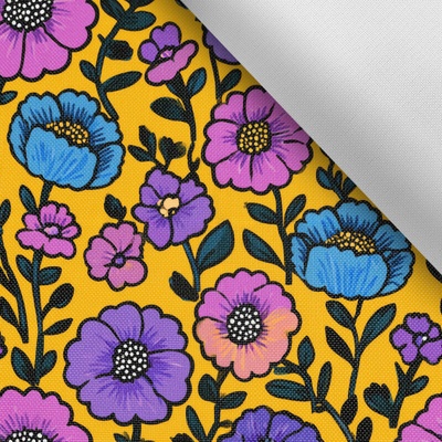 Takoy Látka s potiskem Nepromokavý polyester TD / NS fialové květiny na žlutém North