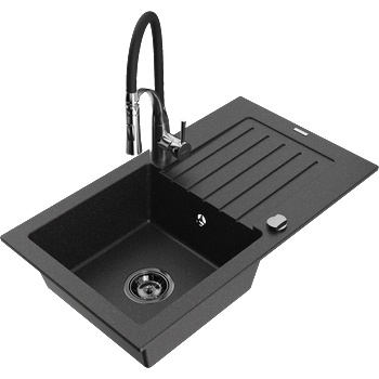 Mexen Pablo еднокоморен гранитен мивка с отцедник и кухненски смесител Aster, черен/сребърен металик - 6510-73-73450-07-B (6510-73-73450-07-B)