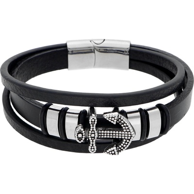 Ewena kožený náramek černý s kotvou LHF292