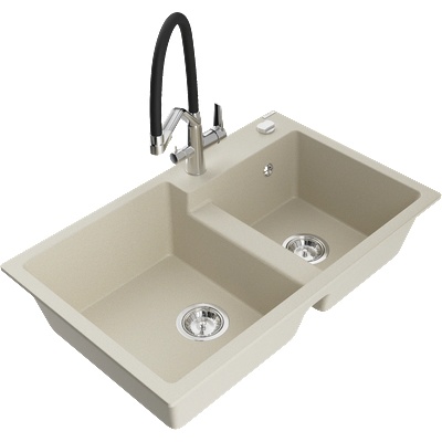Mexen Tomas гранитна кухненска мивка с 2 отделения и кухненски смесител Duo, бежов - 6516-69-671701-07 (6516-69-671701-07)