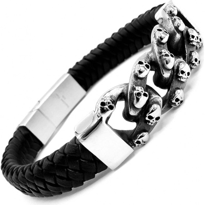 Steel Jewelry náramek lebky pánský kožený s kombinací chirurgické oceli NR231017